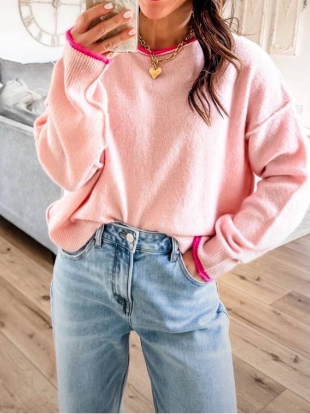 By Together Pale Pink Crewneck Sweater with Hot Pink Trim🚌